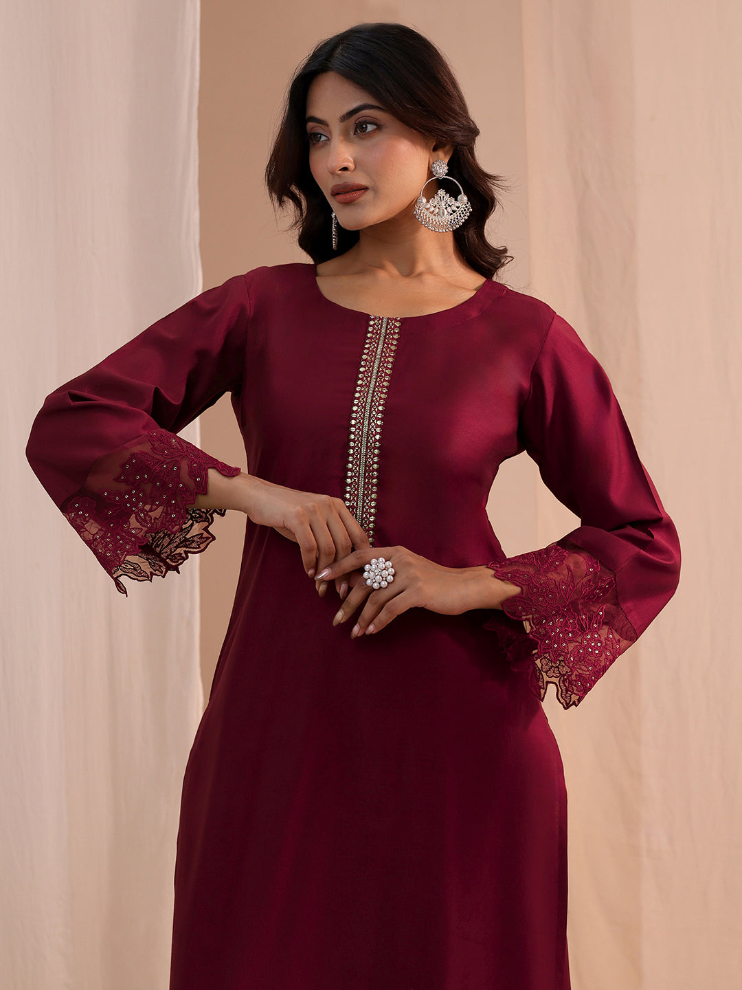  Maroon Solid Silk Blend Straight Kurta Set 
