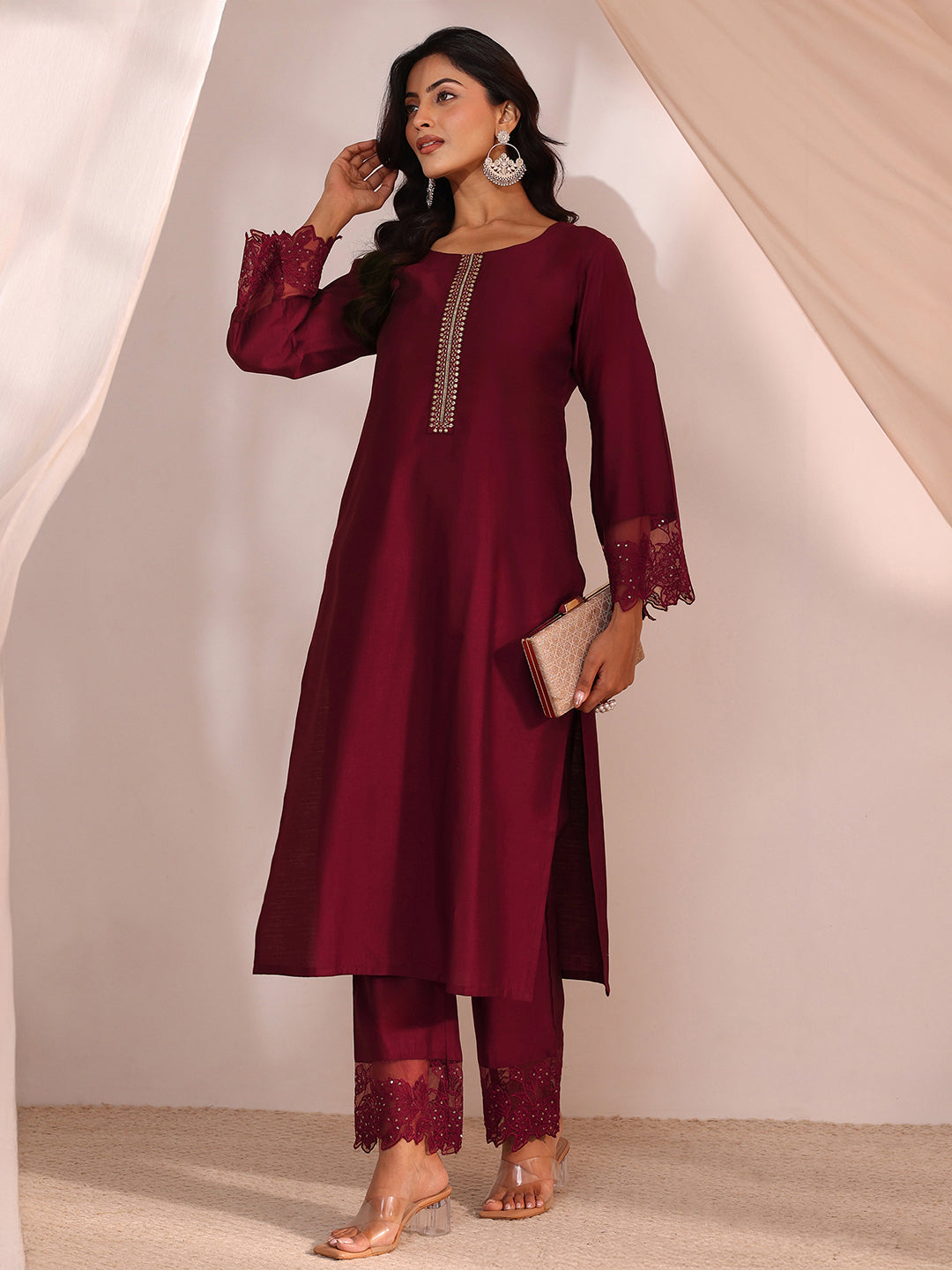 libas Maroon Solid Silk Blend Straight Kurta Set-picture-42