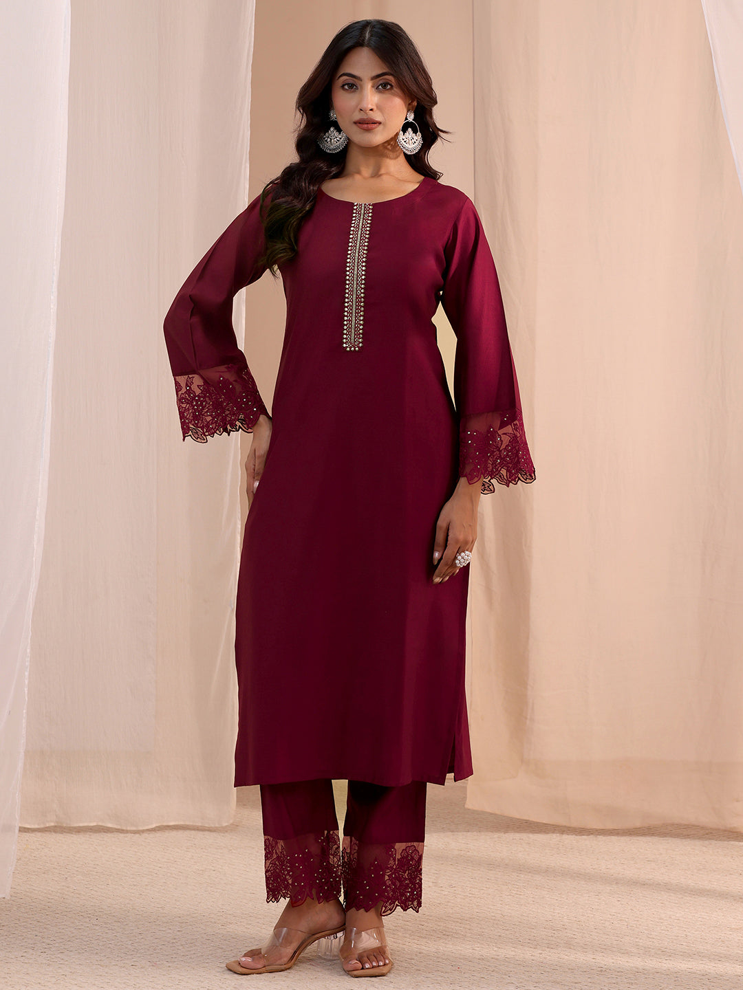  Maroon Solid Silk Blend Straight Kurta Set 
