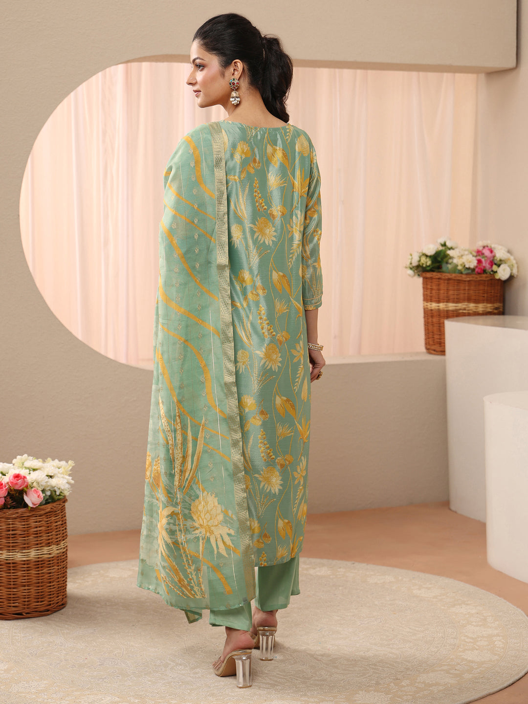  Green Floral Printed Chinon Straight Suit Set 