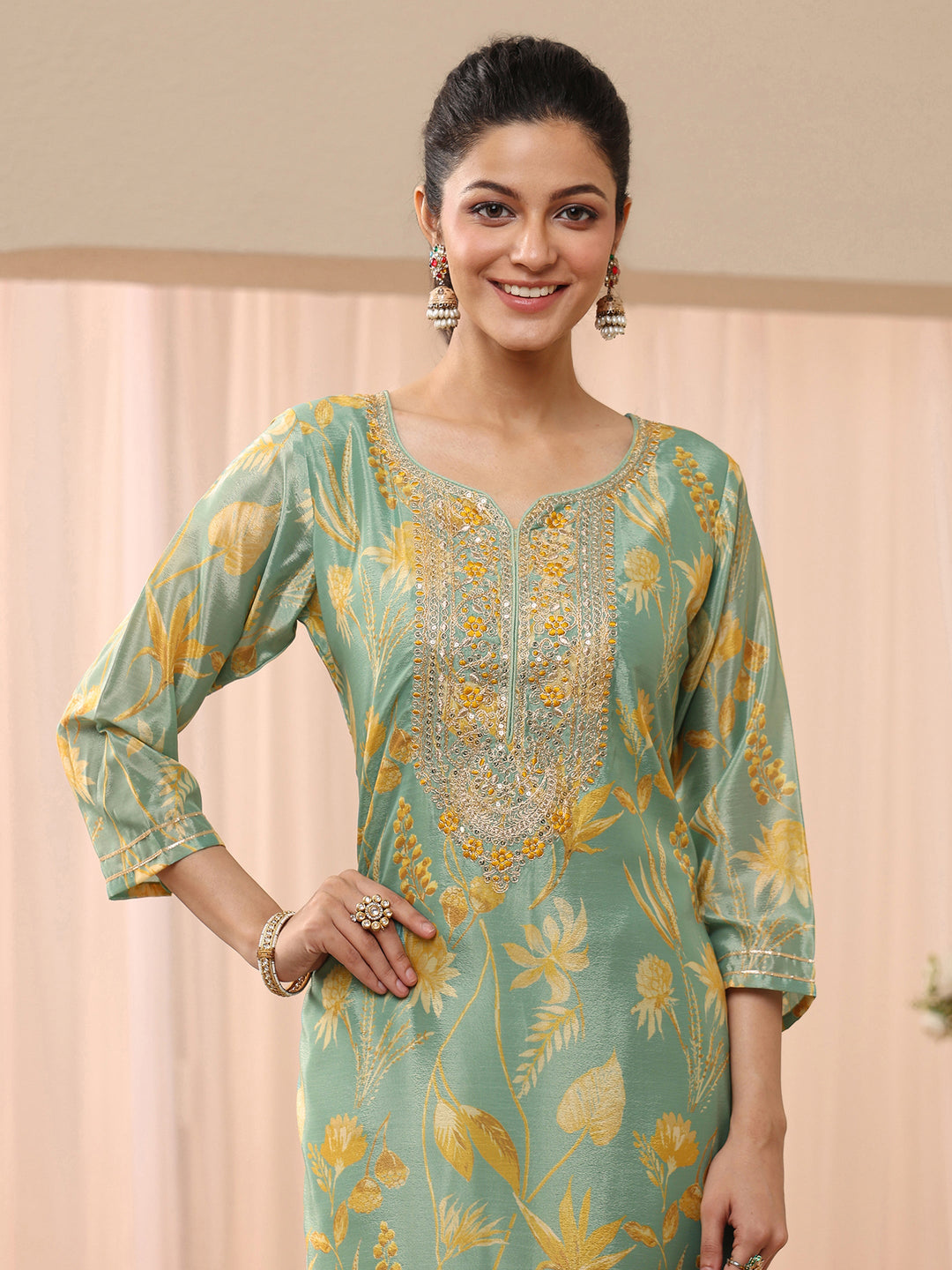  Green Floral Printed Chinon Straight Suit Set 