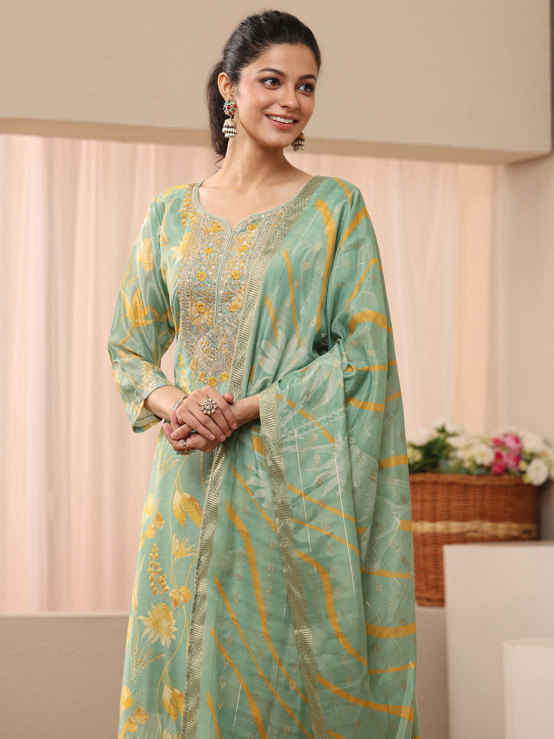  Green Floral Printed Chinon Straight Suit Set 