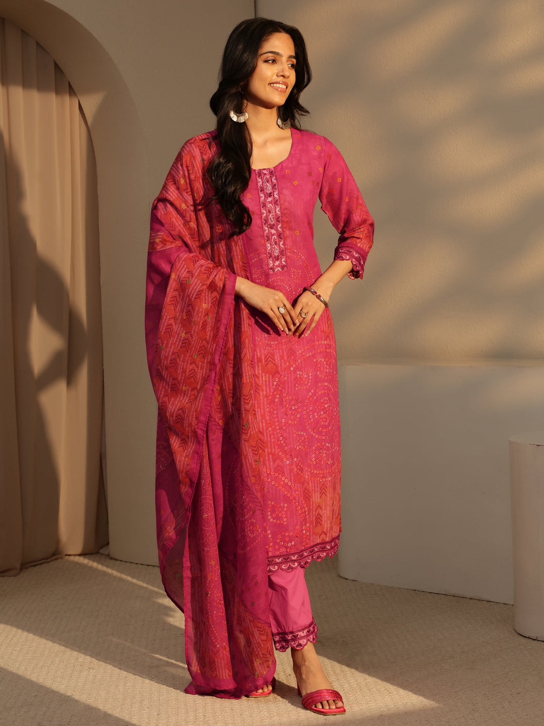  Pink Bandhani Print Straight Cotton Suit Set 