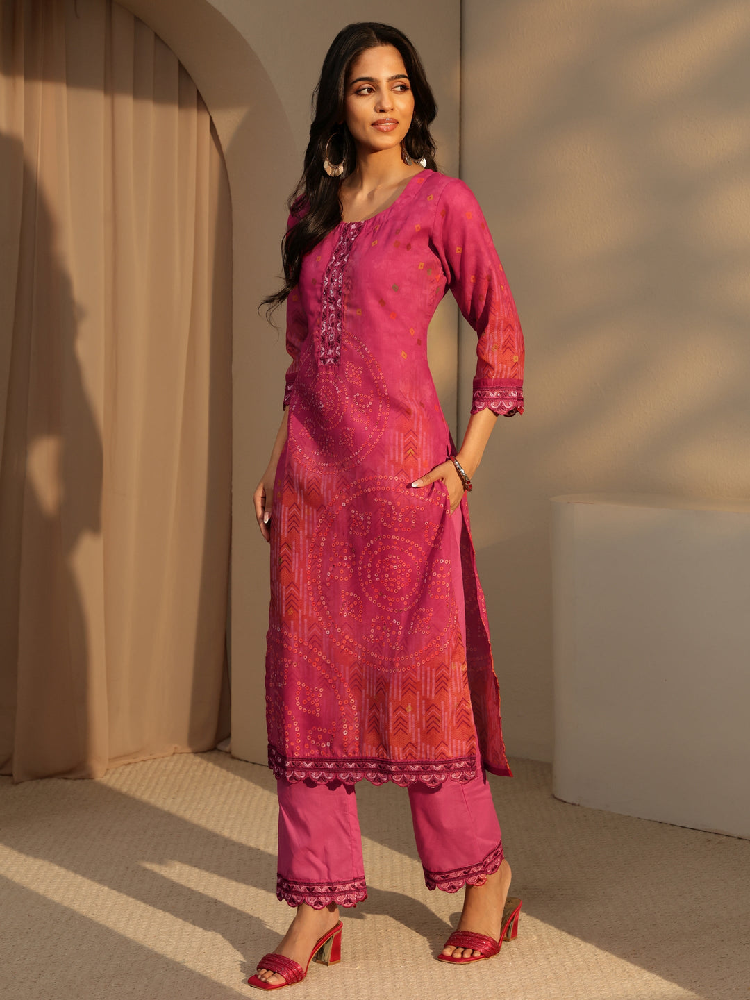  Pink Bandhani Print Straight Cotton Suit Set 