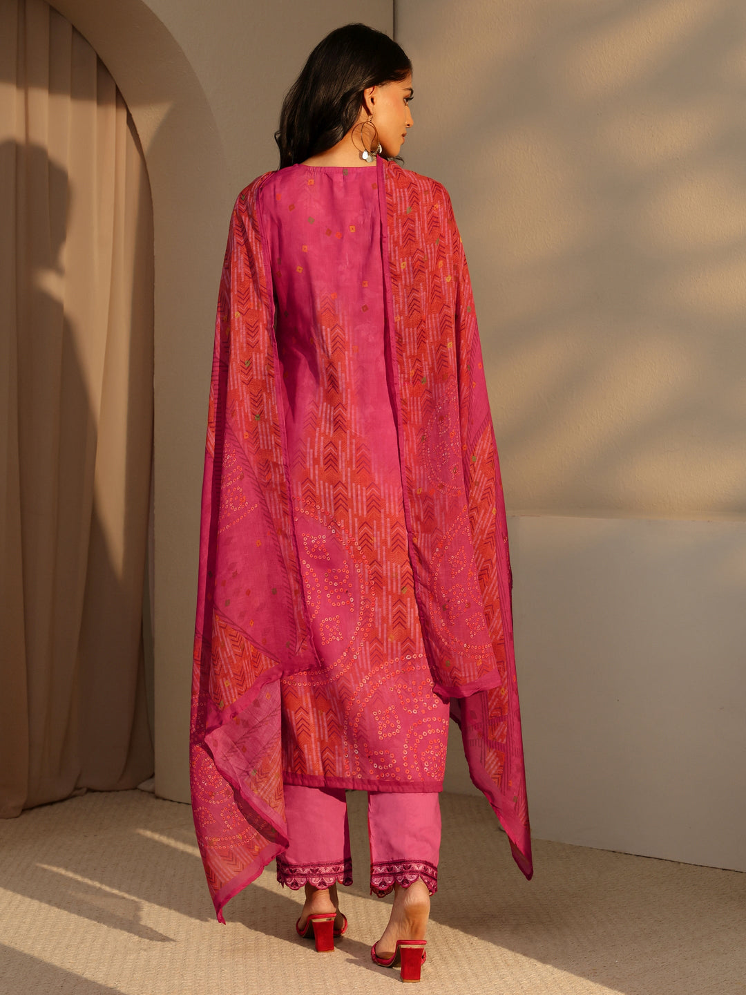  Pink Bandhani Print Straight Cotton Suit Set 