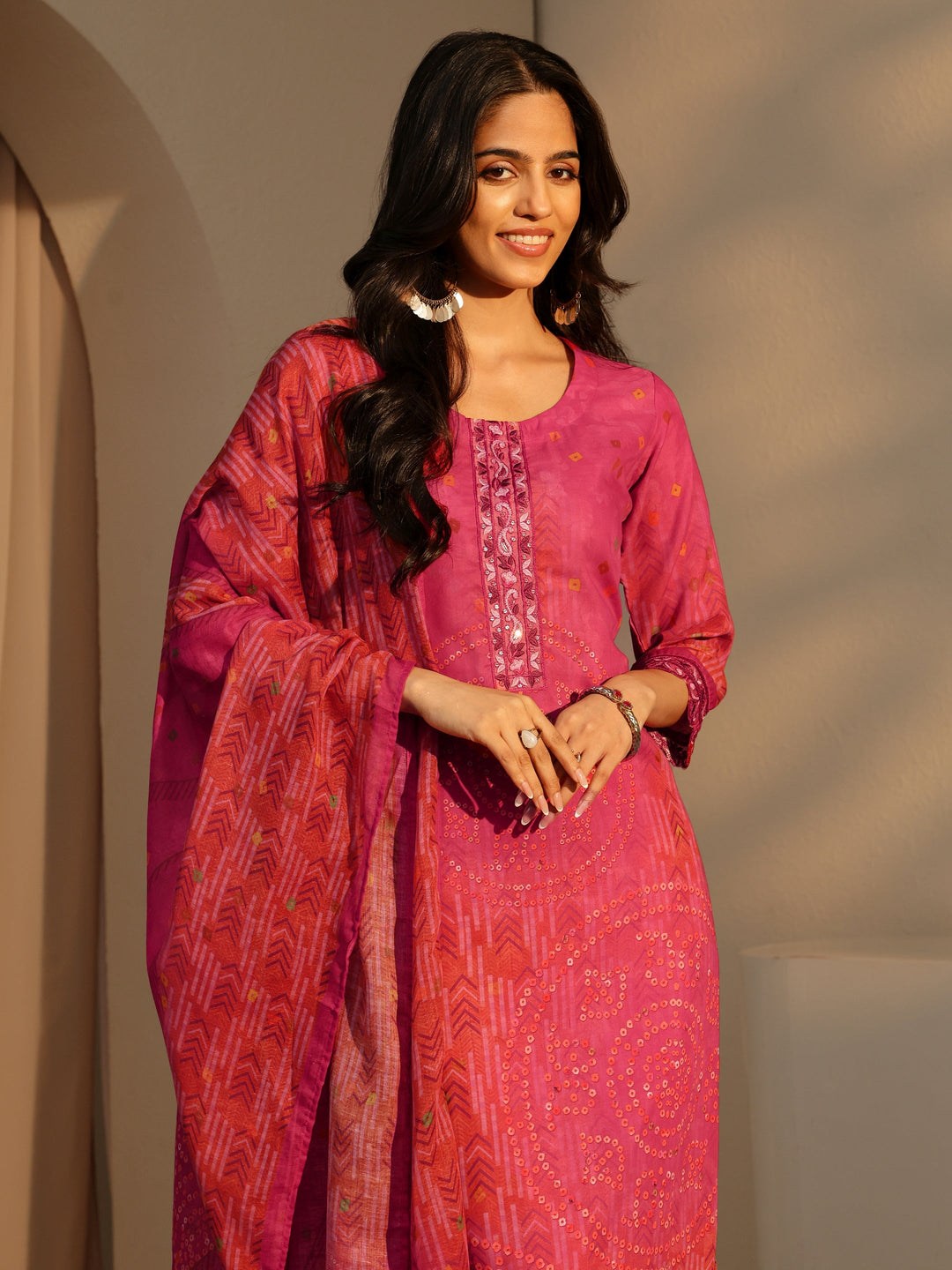  Pink Bandhani Print Straight Cotton Suit Set 