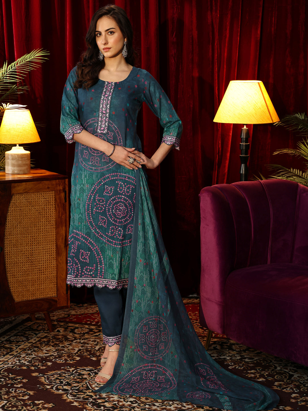  Bottle Green Bandhani Printed Cotton Straight Suit Set 
