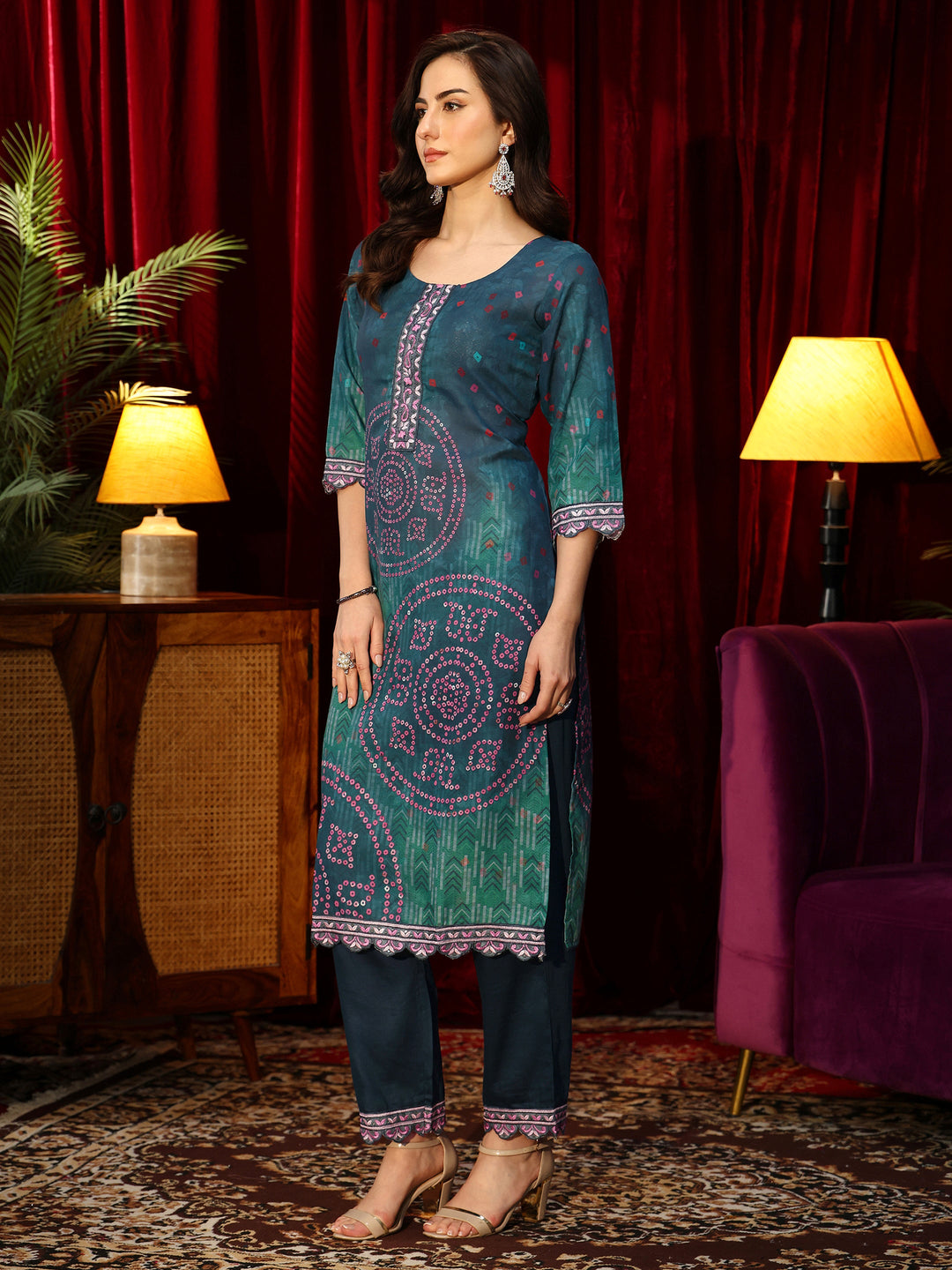  Bottle Green Bandhani Printed Cotton Straight Suit Set 