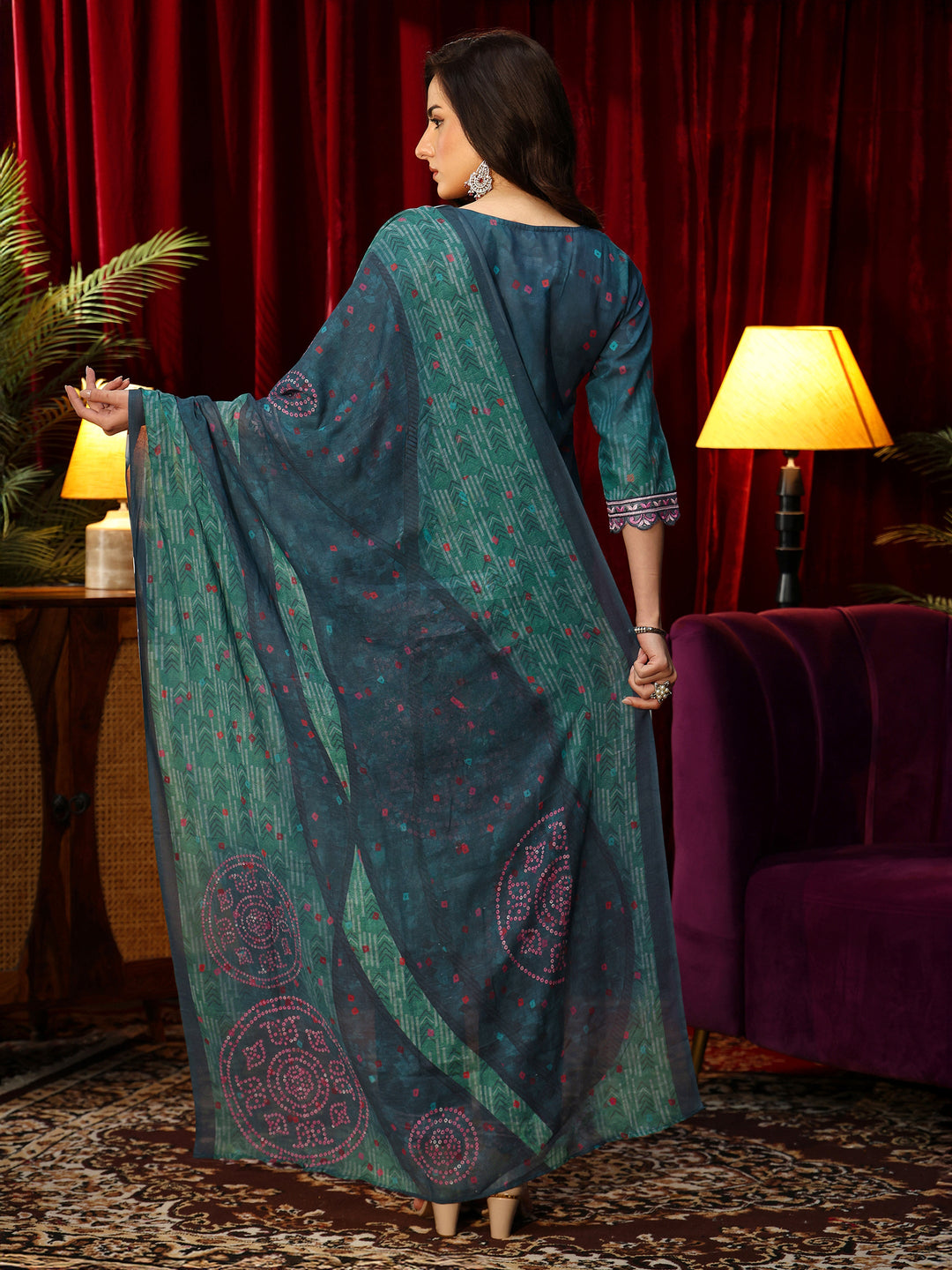  Bottle Green Bandhani Printed Cotton Straight Suit Set 