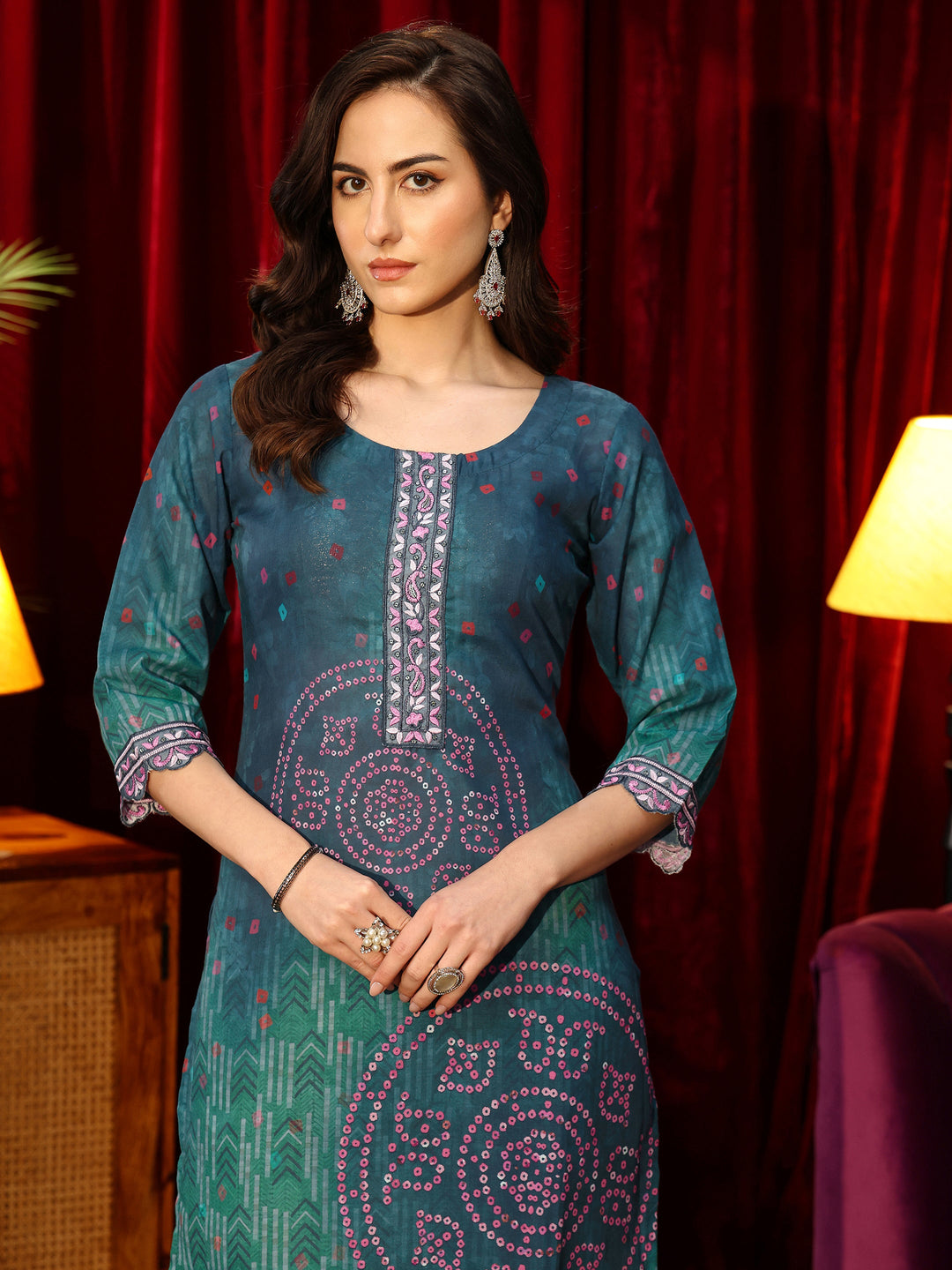  Bottle Green Bandhani Printed Cotton Straight Suit Set 