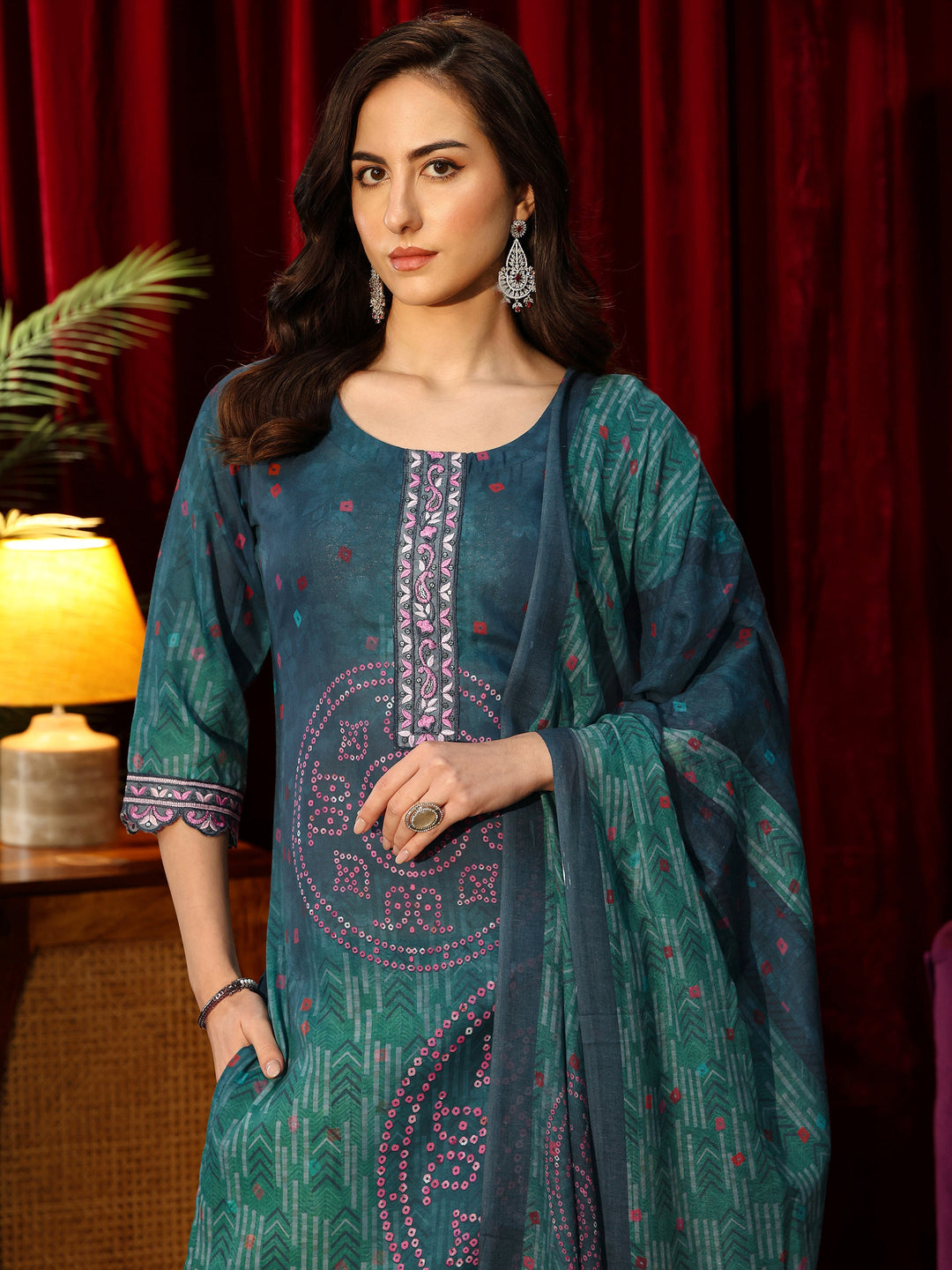  Bottle Green Bandhani Printed Cotton Straight Suit Set 
