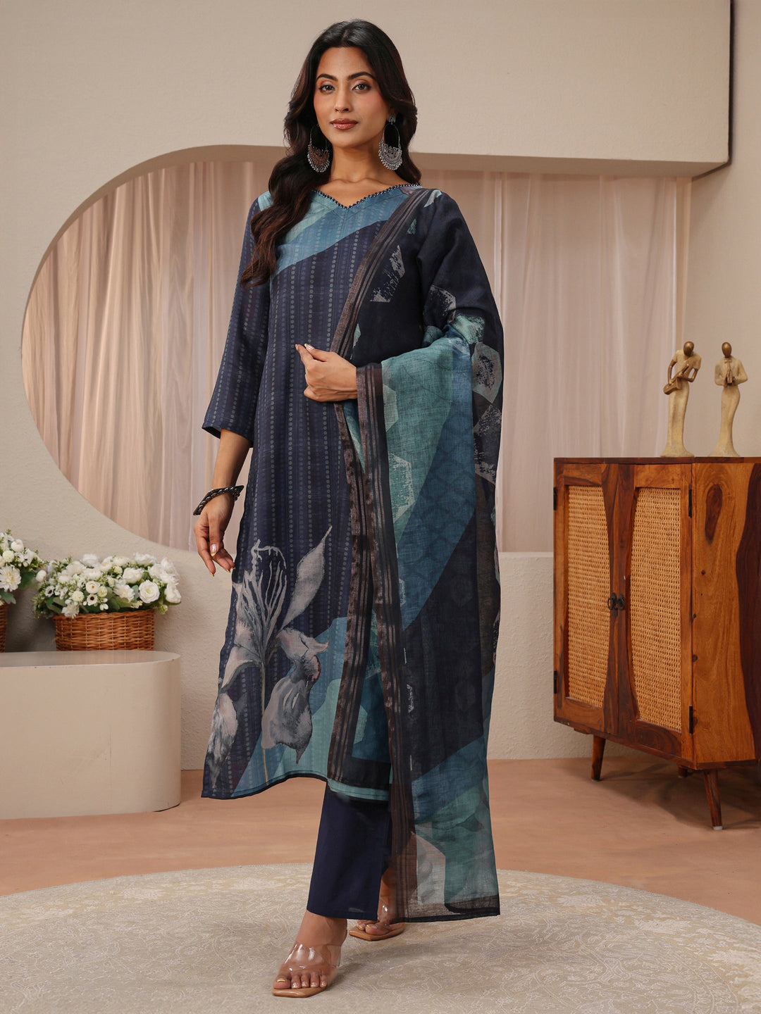  Blue Floral Printed Linen Straight Suit Set 