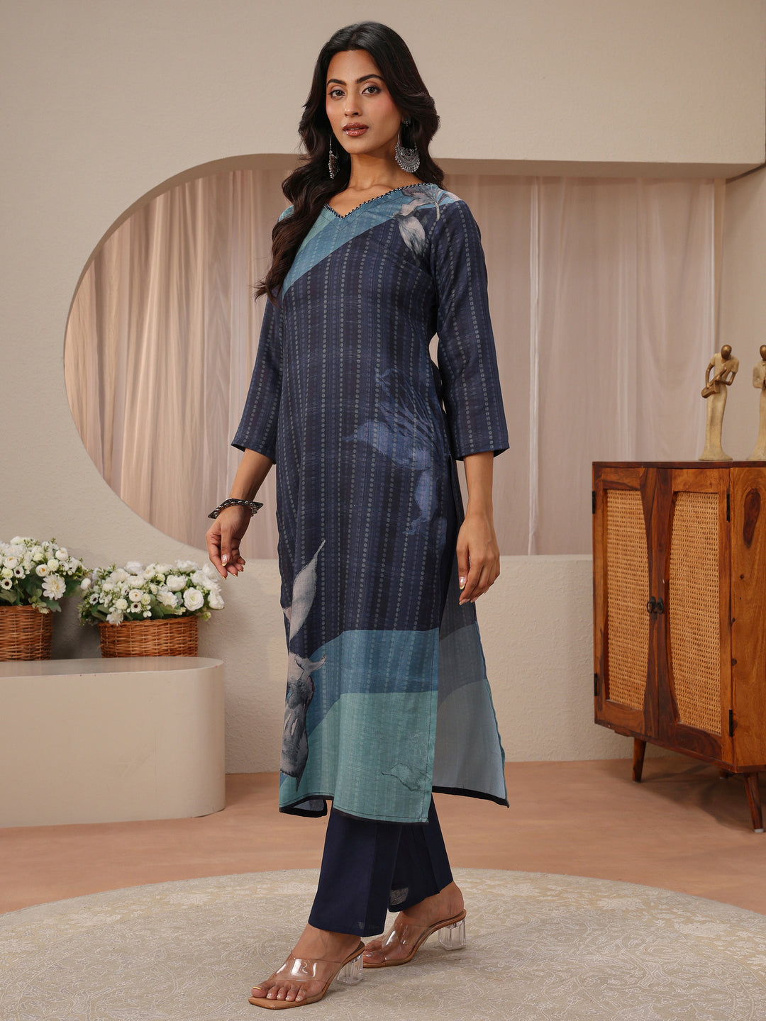  Blue Floral Printed Linen Straight Suit Set 
