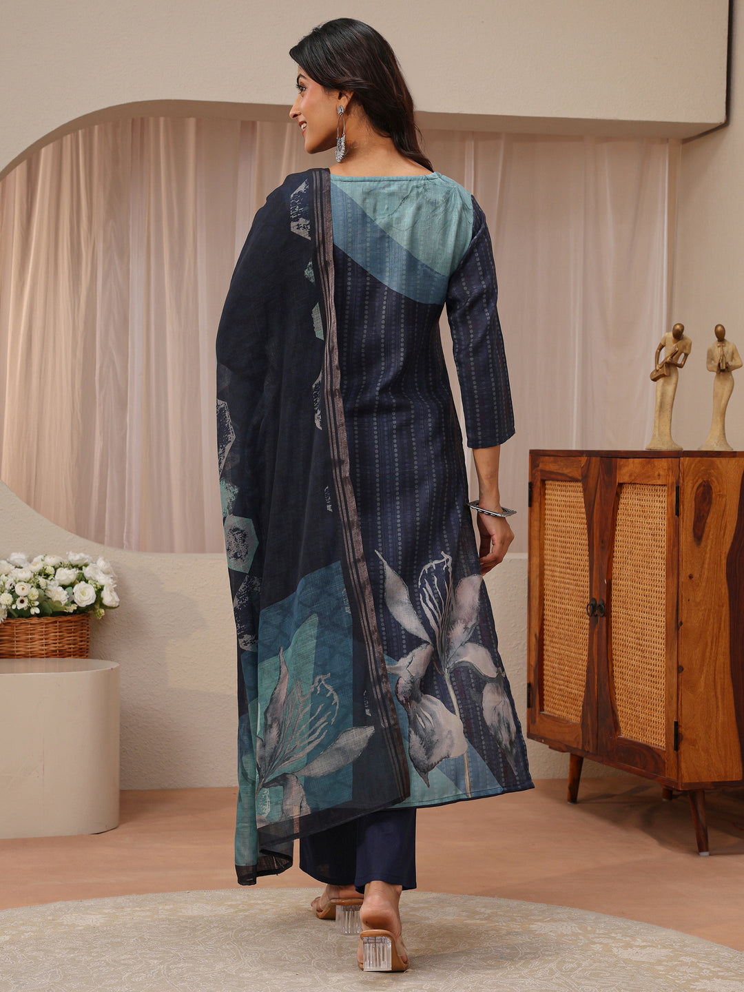  Blue Floral Printed Linen Straight Suit Set 