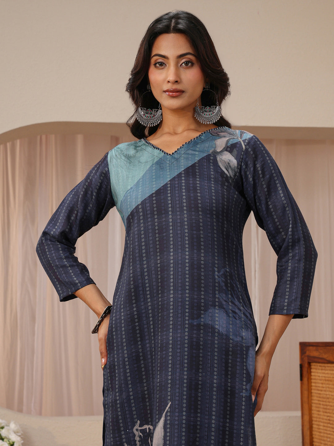  Blue Floral Printed Linen Straight Suit Set 