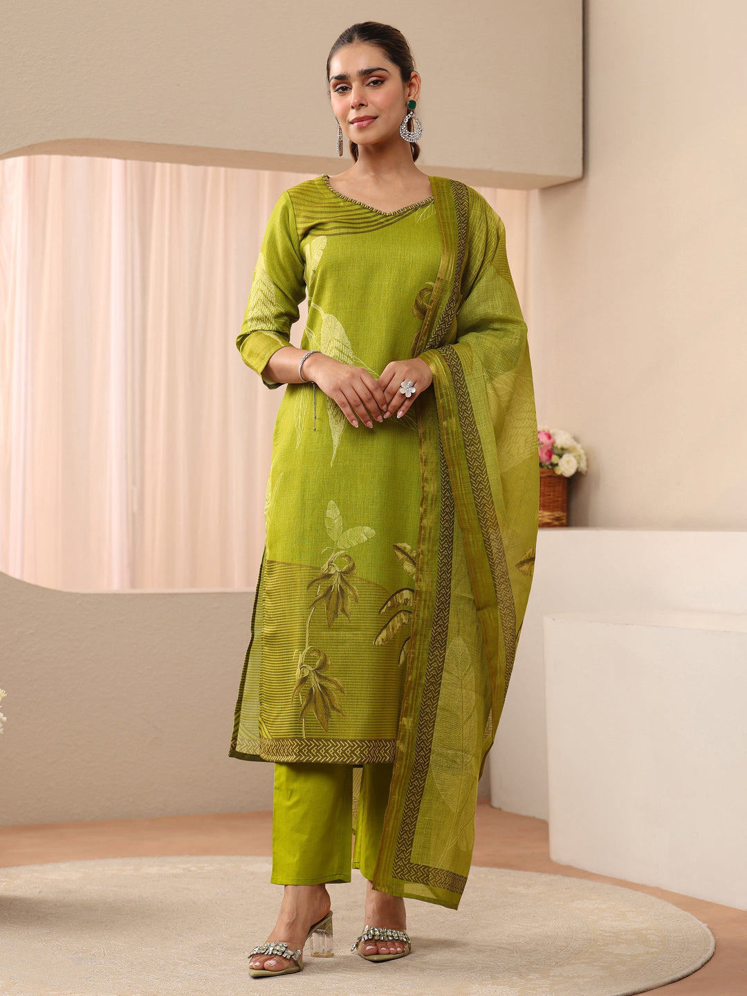  Green Floral Printed Linen Straight Suit Set 