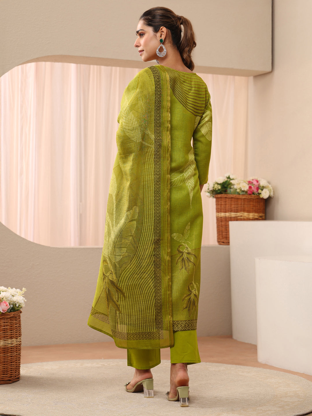  Green Floral Printed Linen Straight Suit Set 