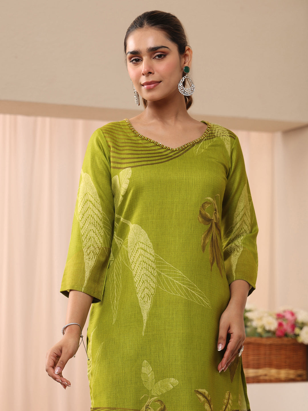  Green Floral Printed Linen Straight Suit Set 