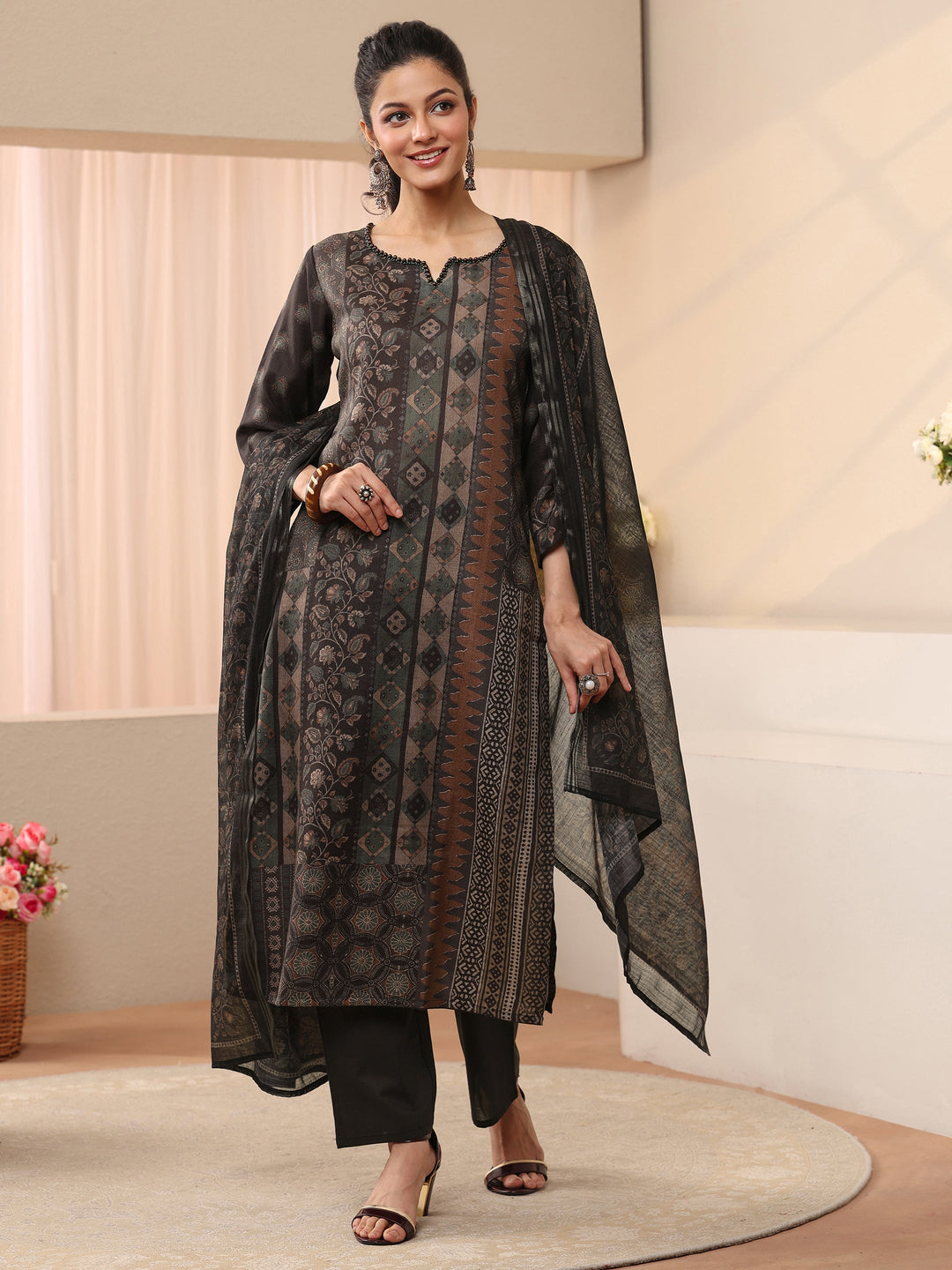  Black Ethnic Printed Linen Straight Suit Set 