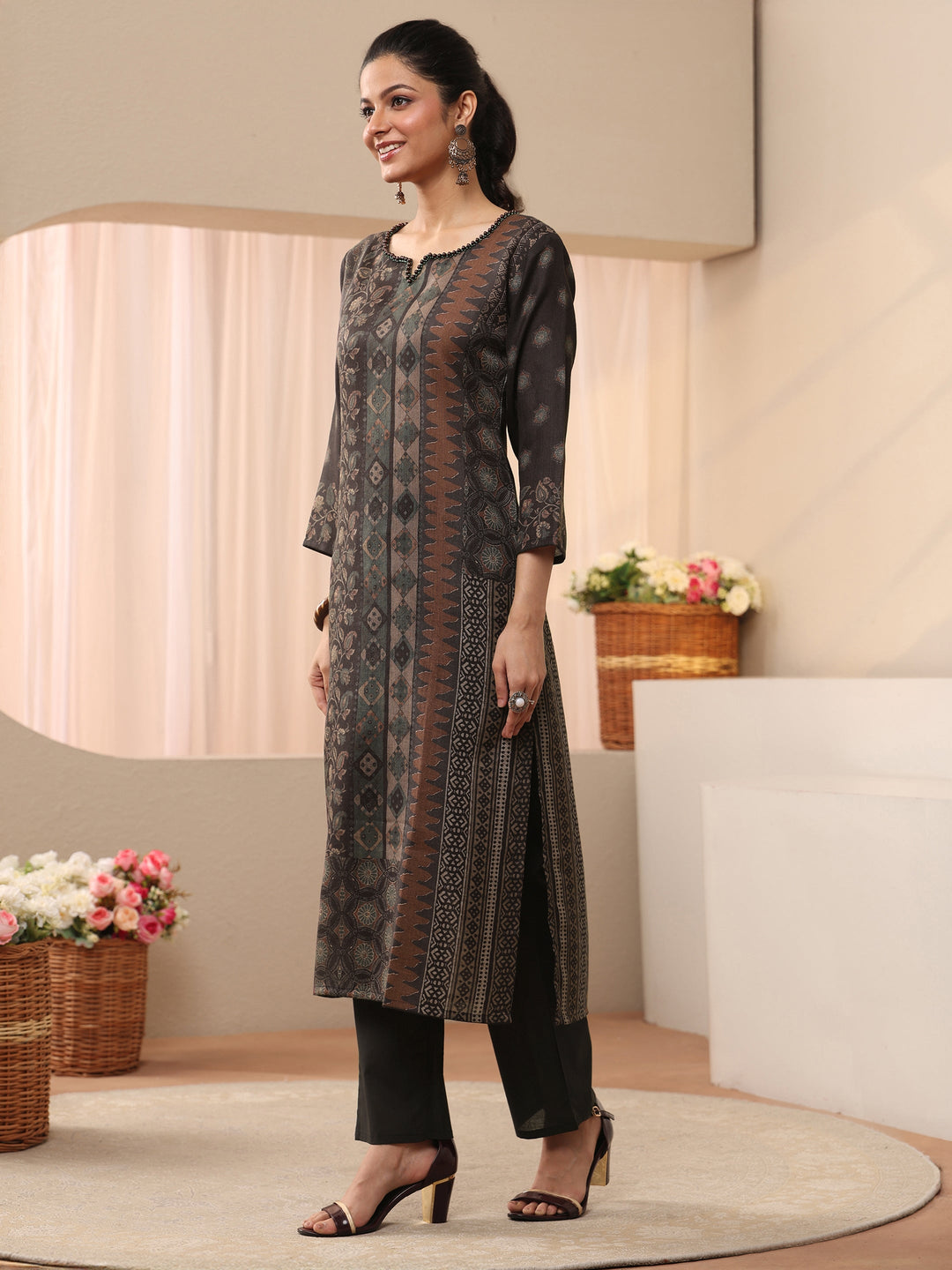  Black Ethnic Printed Linen Straight Suit Set 