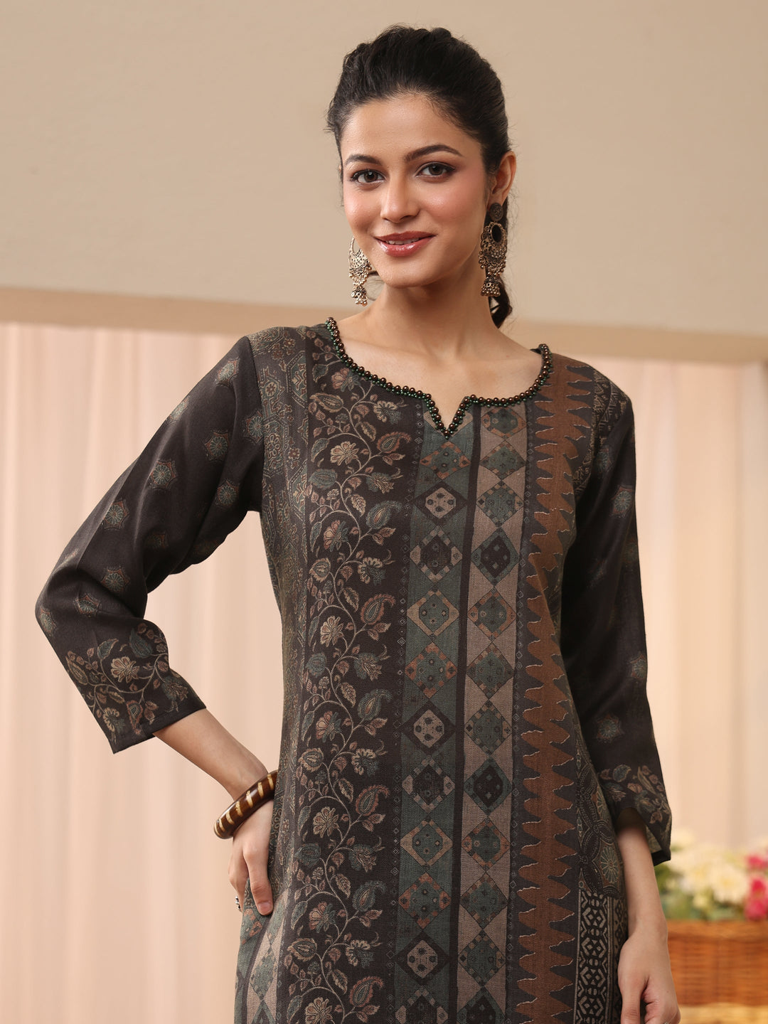  Black Ethnic Printed Linen Straight Suit Set 