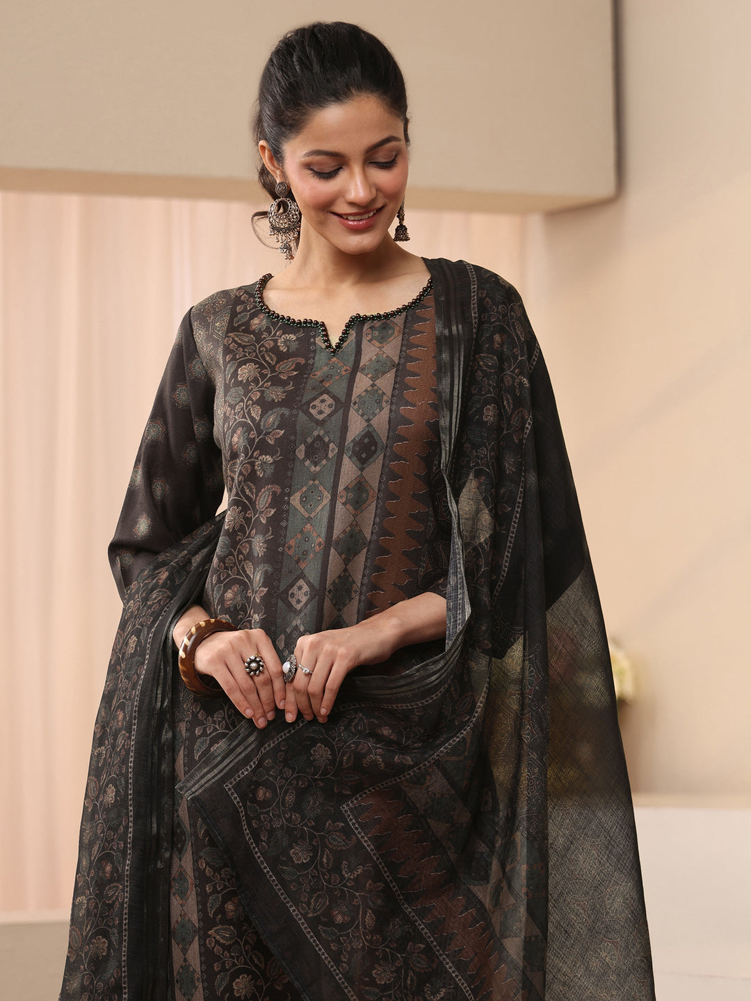  Black Ethnic Printed Linen Straight Suit Set 