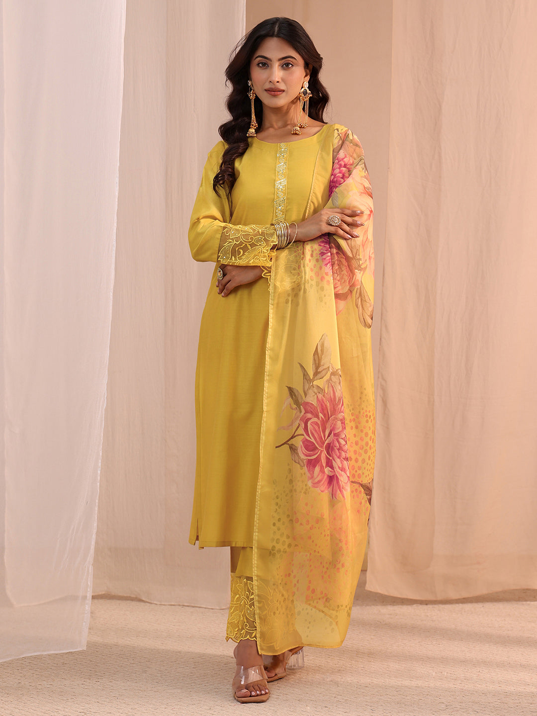  Yellow Solid Silk Blend Straight Suit Set 