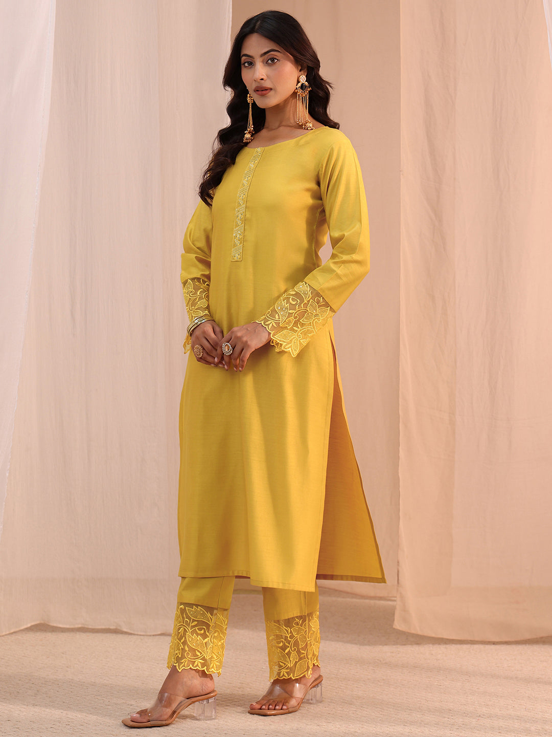  Yellow Solid Silk Blend Straight Suit Set 