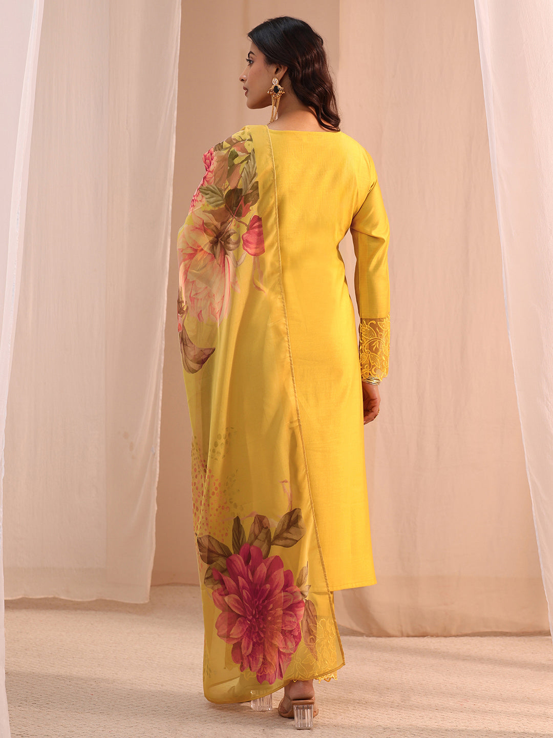  Yellow Solid Silk Blend Straight Suit Set 