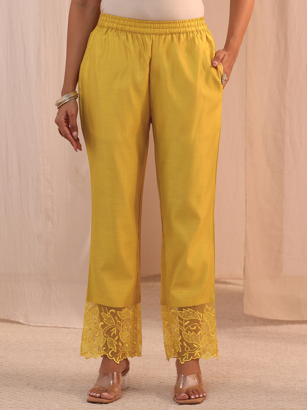  Yellow Solid Silk Blend Straight Suit Set 