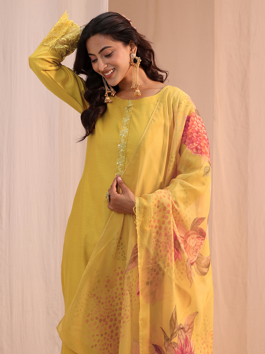  Yellow Solid Silk Blend Straight Suit Set 