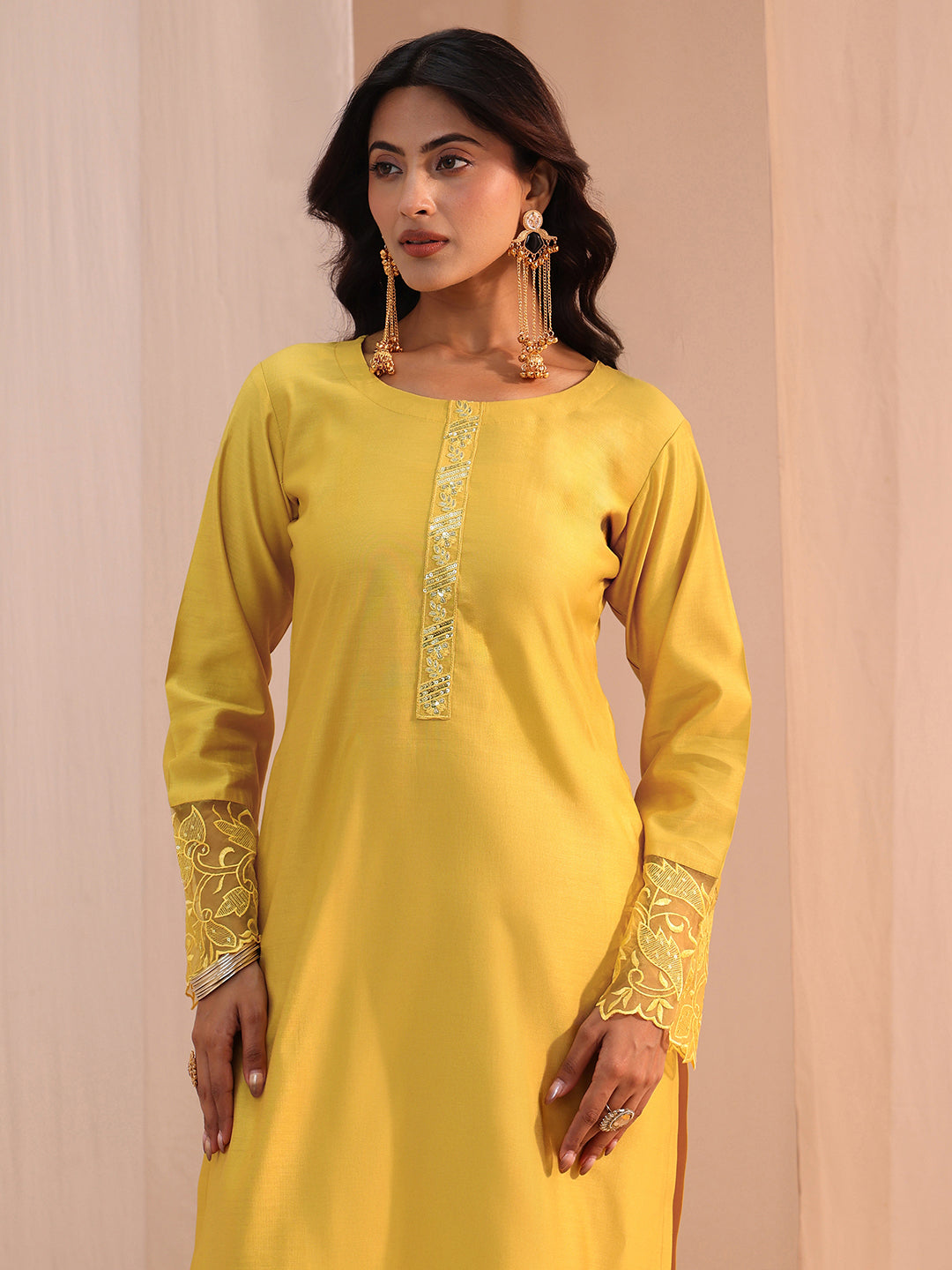  Yellow Solid Silk Blend Straight Suit Set 