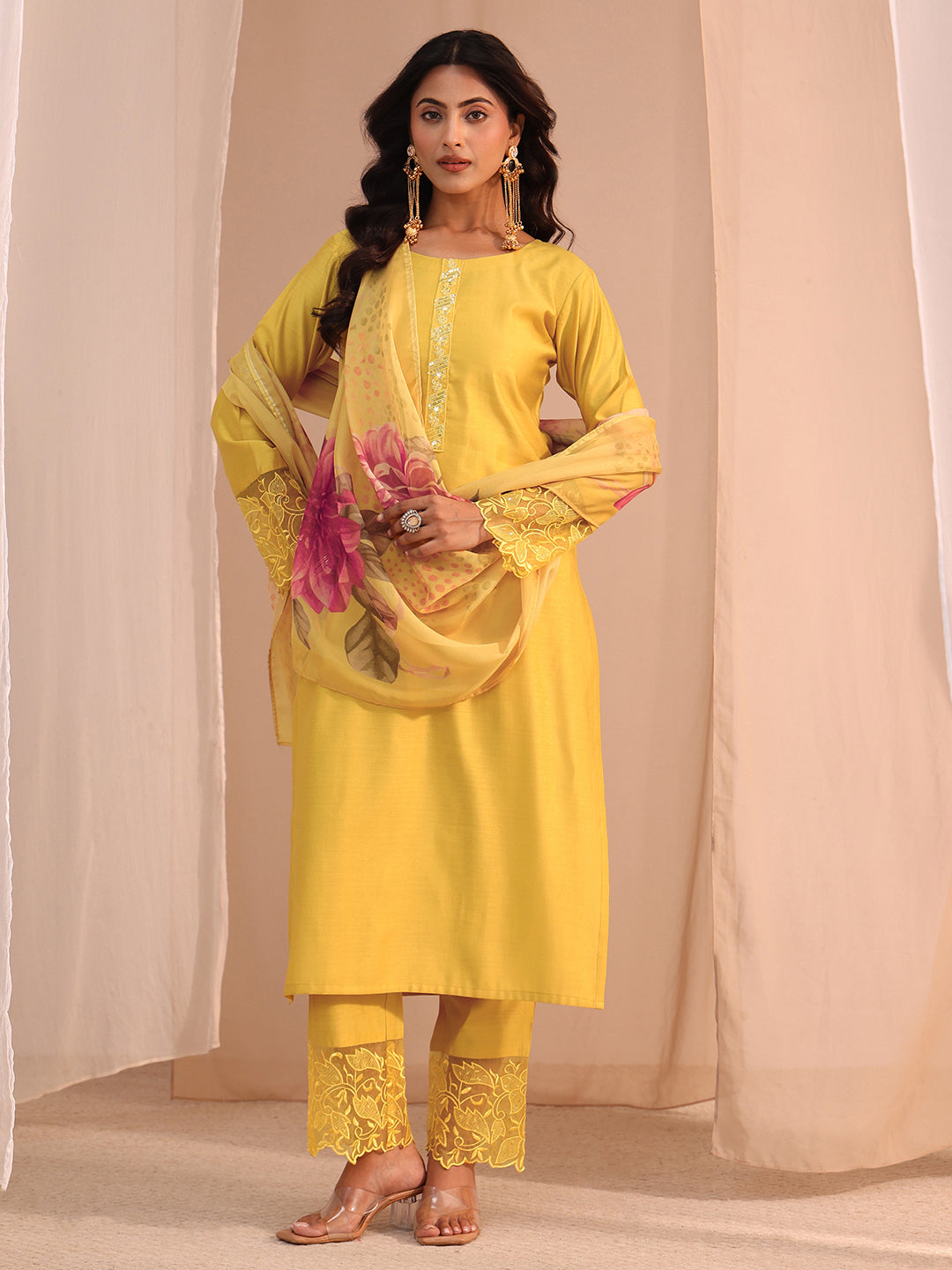  Yellow Solid Silk Blend Straight Suit Set 