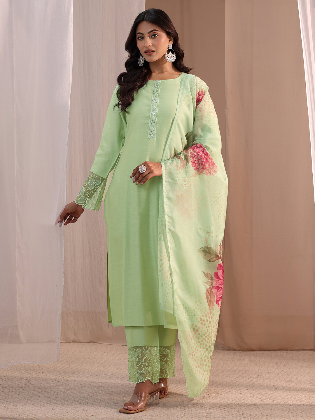  Green Solid Silk Blend Straight Suit Set 