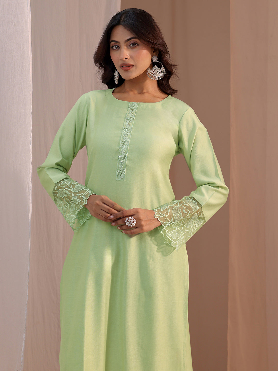  Green Solid Silk Blend Straight Suit Set 
