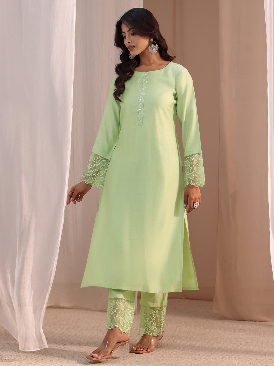  Green Solid Silk Blend Straight Suit Set 