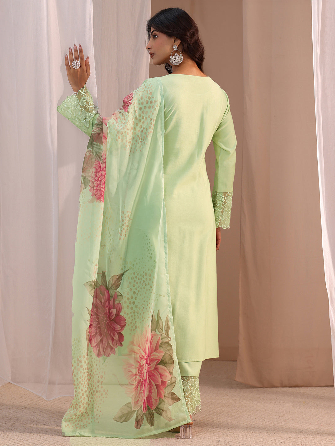  Green Solid Silk Blend Straight Suit Set 