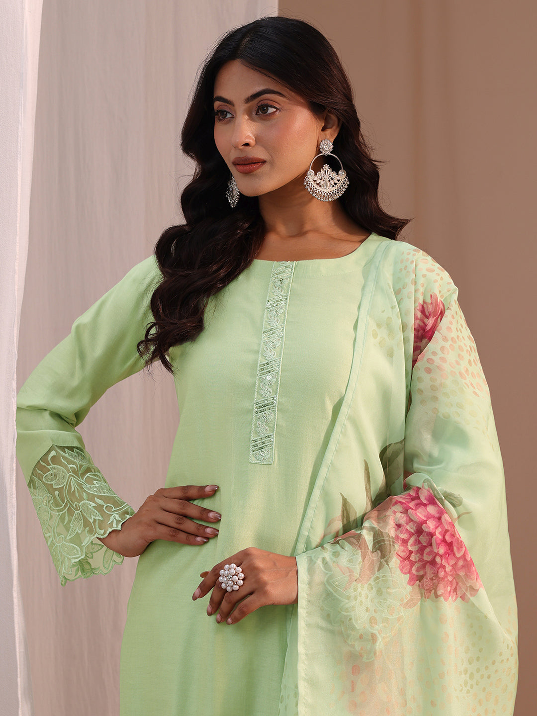 Green Solid Silk Blend Straight Suit Set-image-34