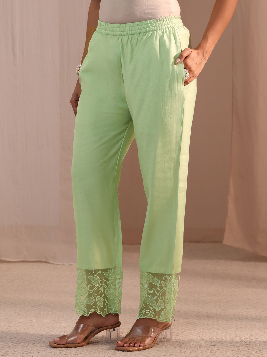  Green Solid Silk Blend Straight Suit Set 