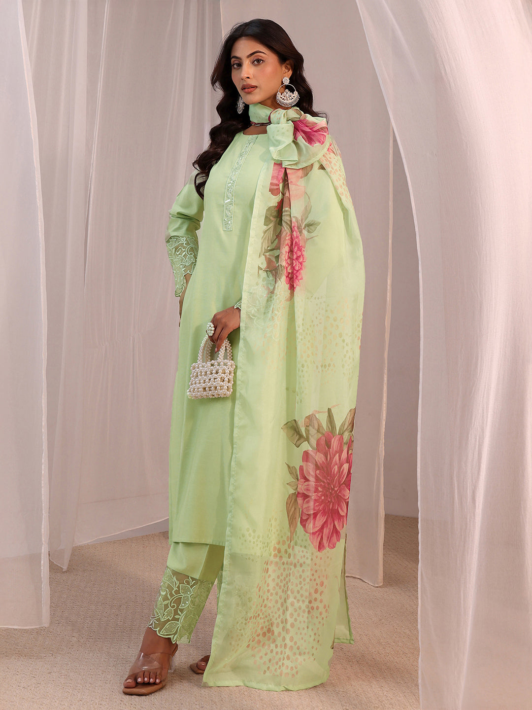  Green Solid Silk Blend Straight Suit Set 