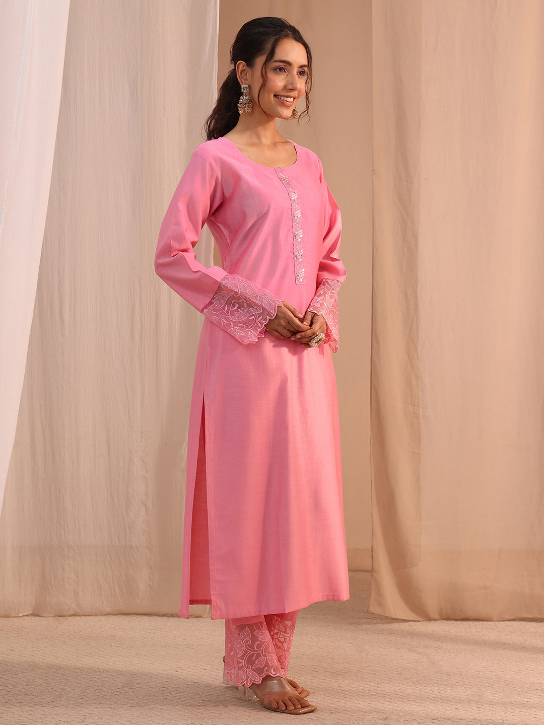  Pink Solid Silk Blend Straight Suit Set 