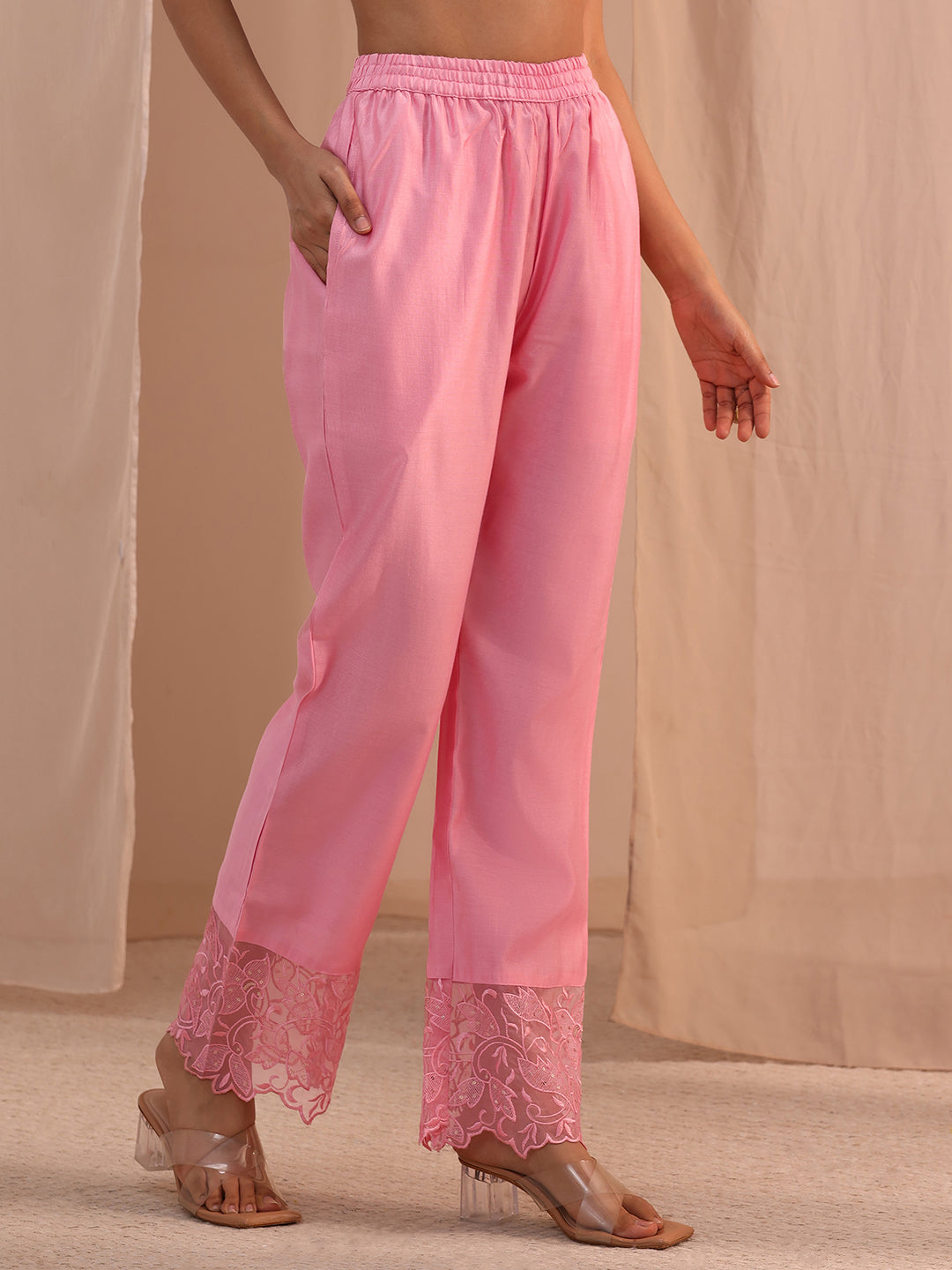  Pink Solid Silk Blend Straight Suit Set 