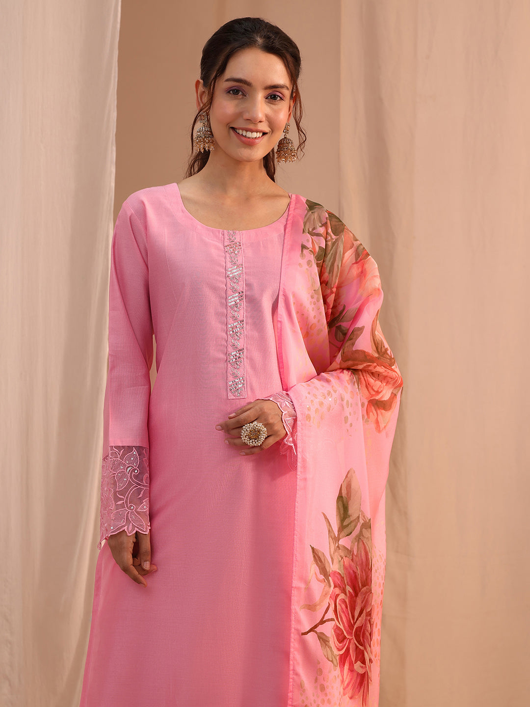  Pink Solid Silk Blend Straight Suit Set 