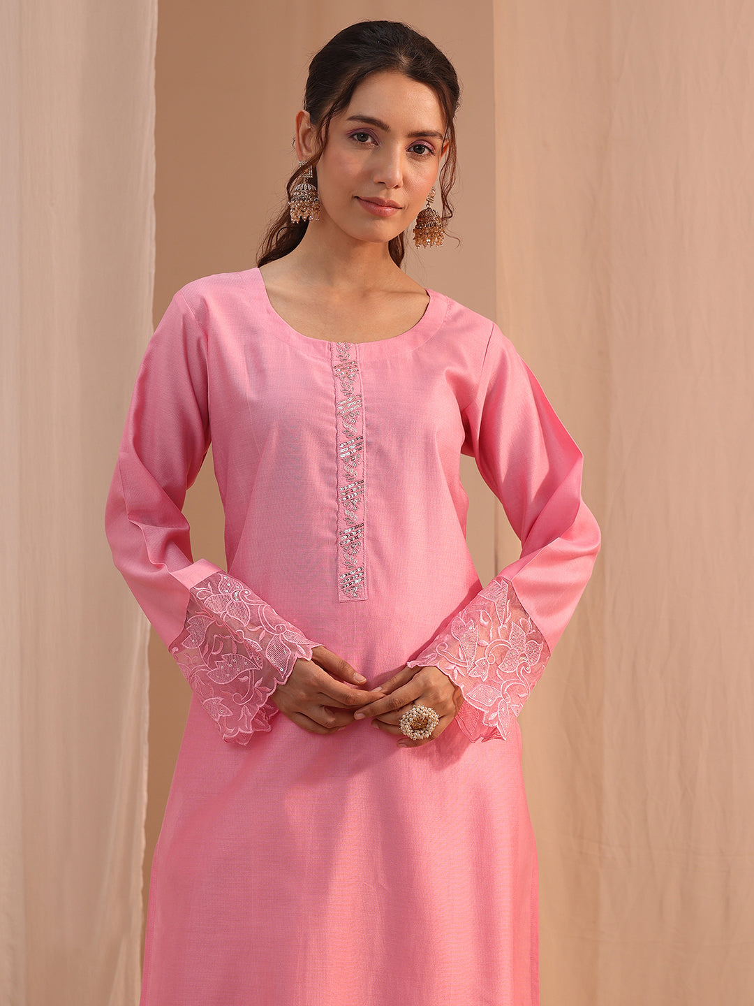 Pink Solid Silk Blend Straight Suit Set 