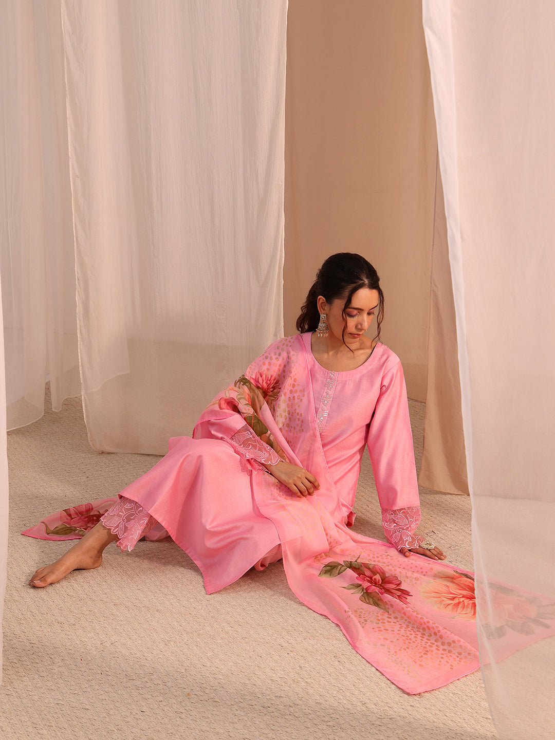 libas Pink Solid Silk Blend Straight Suit Set-picture-23