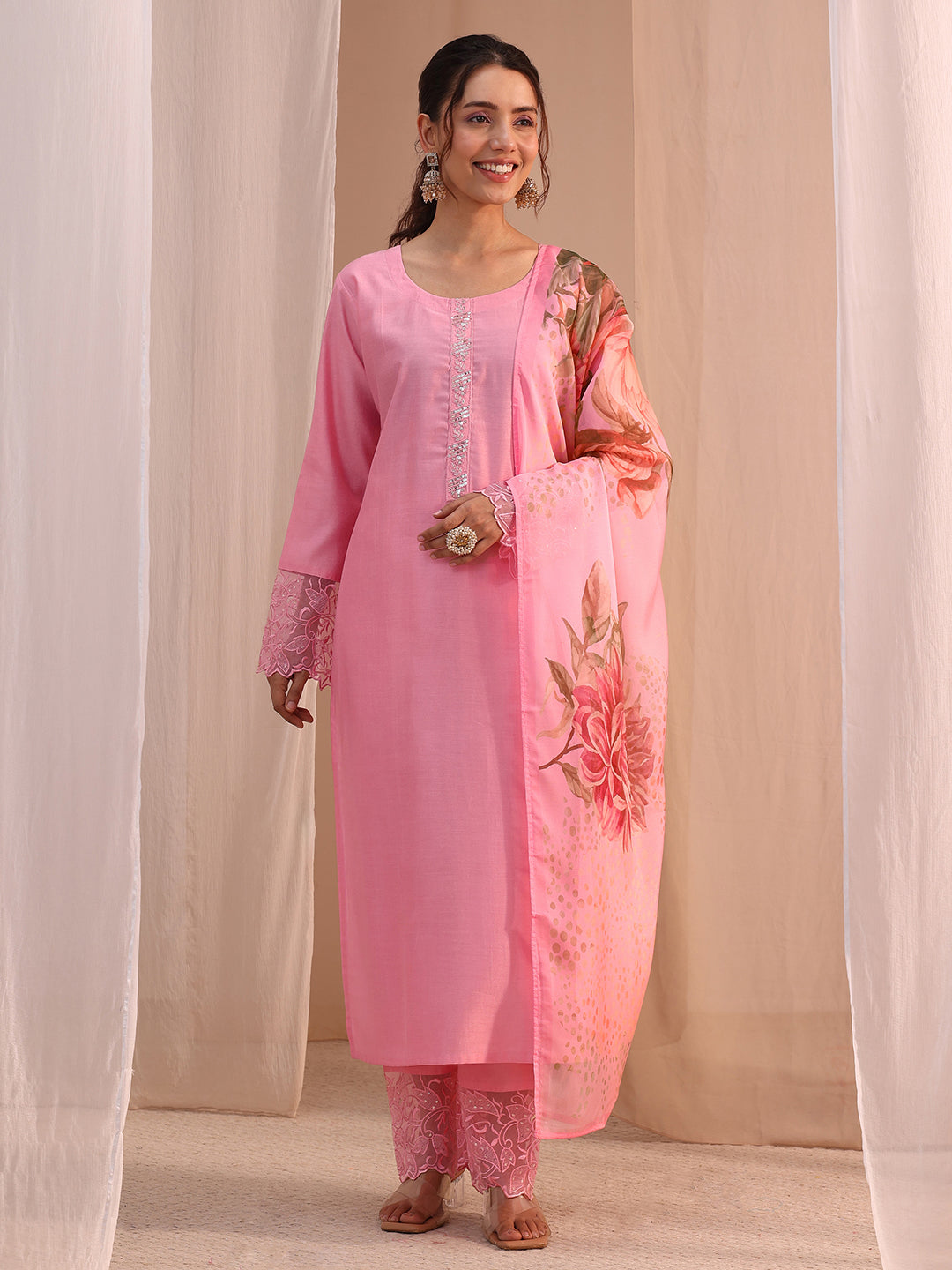  Pink Solid Silk Blend Straight Suit Set 
