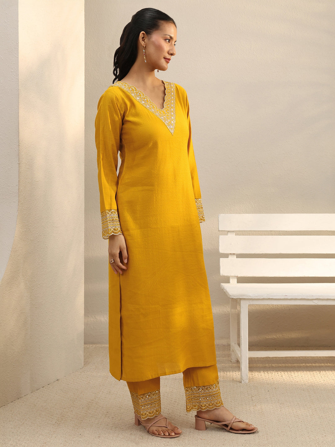  Mustard Yoke Design Silk Blend Straight Suit Set 