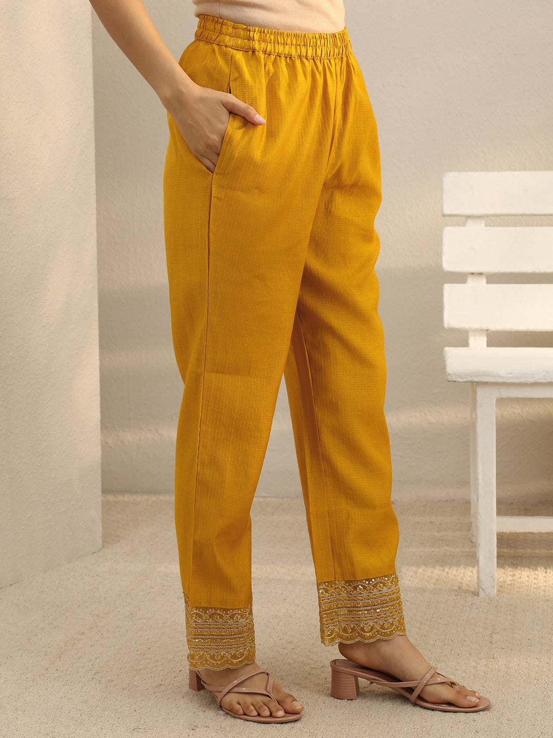  Mustard Yoke Design Silk Blend Straight Suit Set 