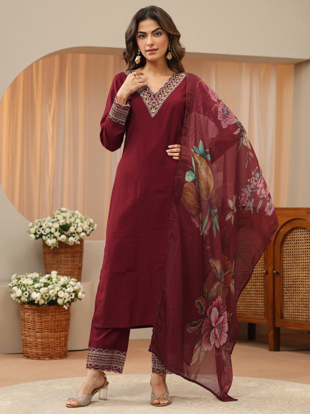  Cardinal Red Yoke Design Silk Blend Straight Suit Set 