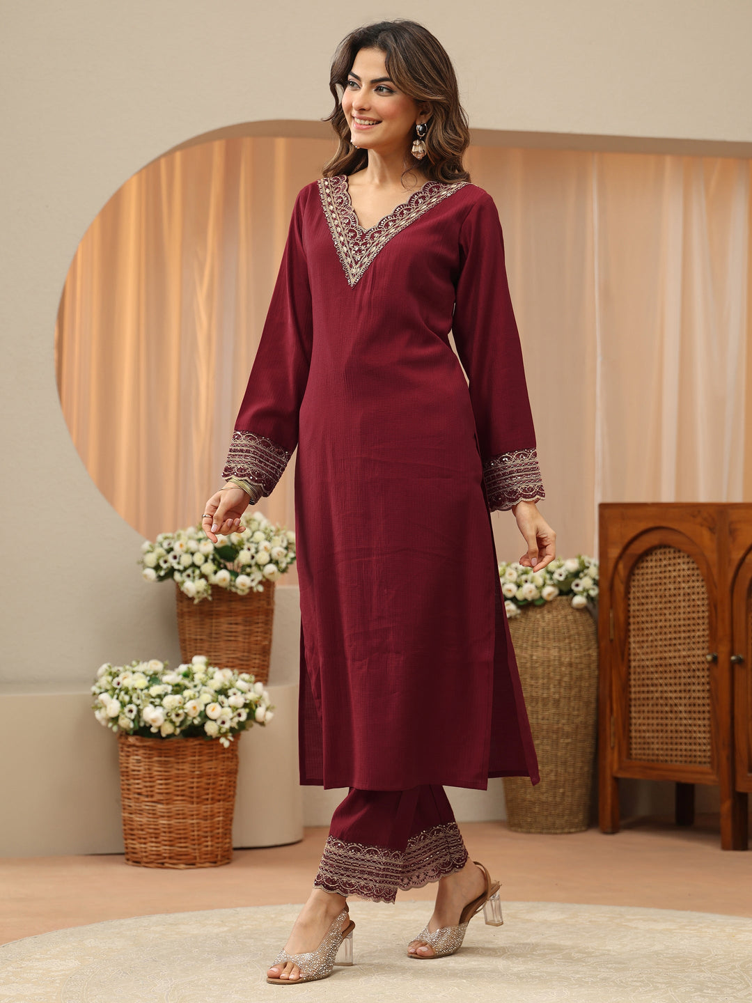  Cardinal Red Yoke Design Silk Blend Straight Suit Set 